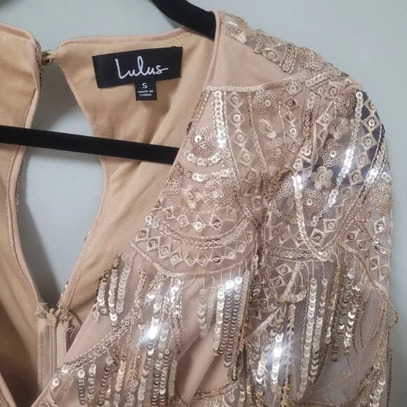 Lulu's Awe-Inspiring Gold Embroidered Sequin Midi Dress Size Small NWT - Picture 8 of 10